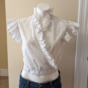 Bernard Winter white eyelet ruffle crop wrap top size xs